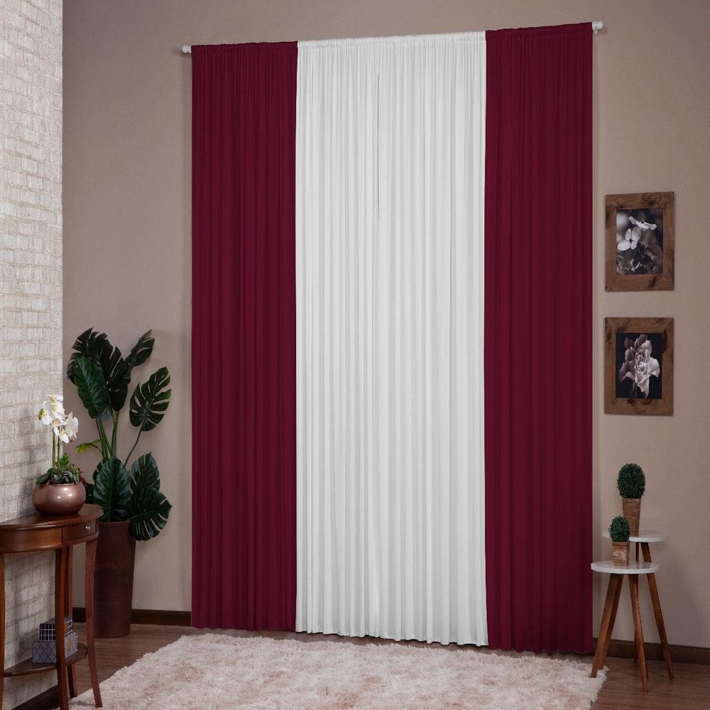 Cortina Para Decoração Sala Quarto 5,00X2,80 Vinho Branco