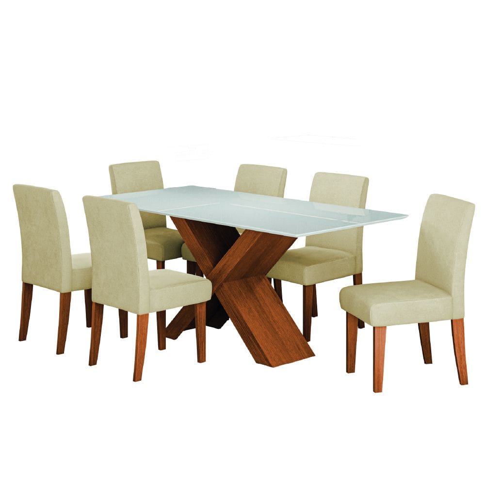 Conjunto de Mesa Sala de Jantar Tampo com Vidro 1,80m Grécia 6 Cadeiras Trieste Dobuê
