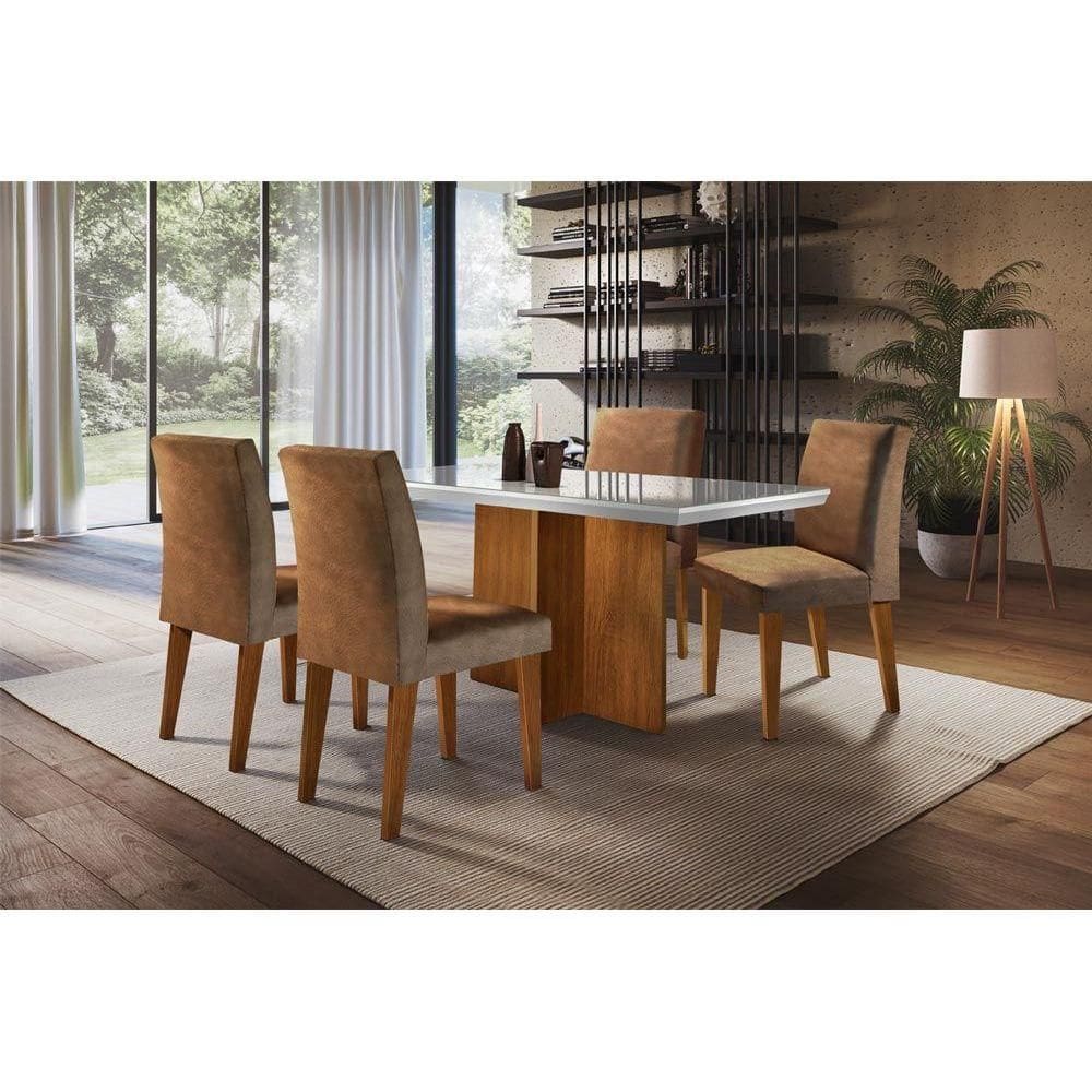 Conjunto: Mesa Sala Jantar Berlim c/ Tampo Madeirado c/ Vidro Canto Reto 120cm + 4 Cadeiras Grécia Imbuia/Chocolate Capuccino - Rufato