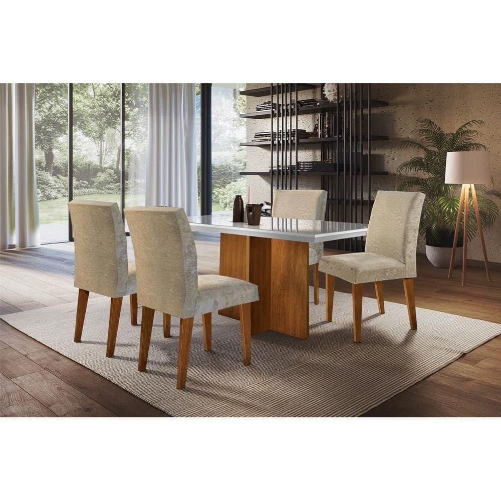 Sala de Jantar Completa Berlim Tampo Madeirado c/ Vidro Canto Reto 120x80cm e 4 Cadeiras Grécia Capuccino/Suede Capuccino - Rufato
