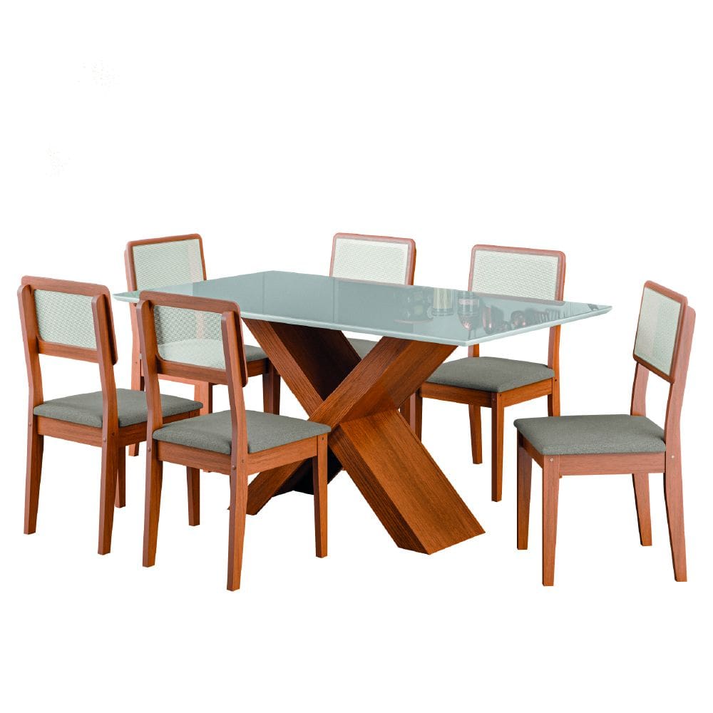 Conjunto de Mesa Sala de Jantar Tampo com Vidro 1,60m Grécia 6 Cadeiras Santiago Dobuê