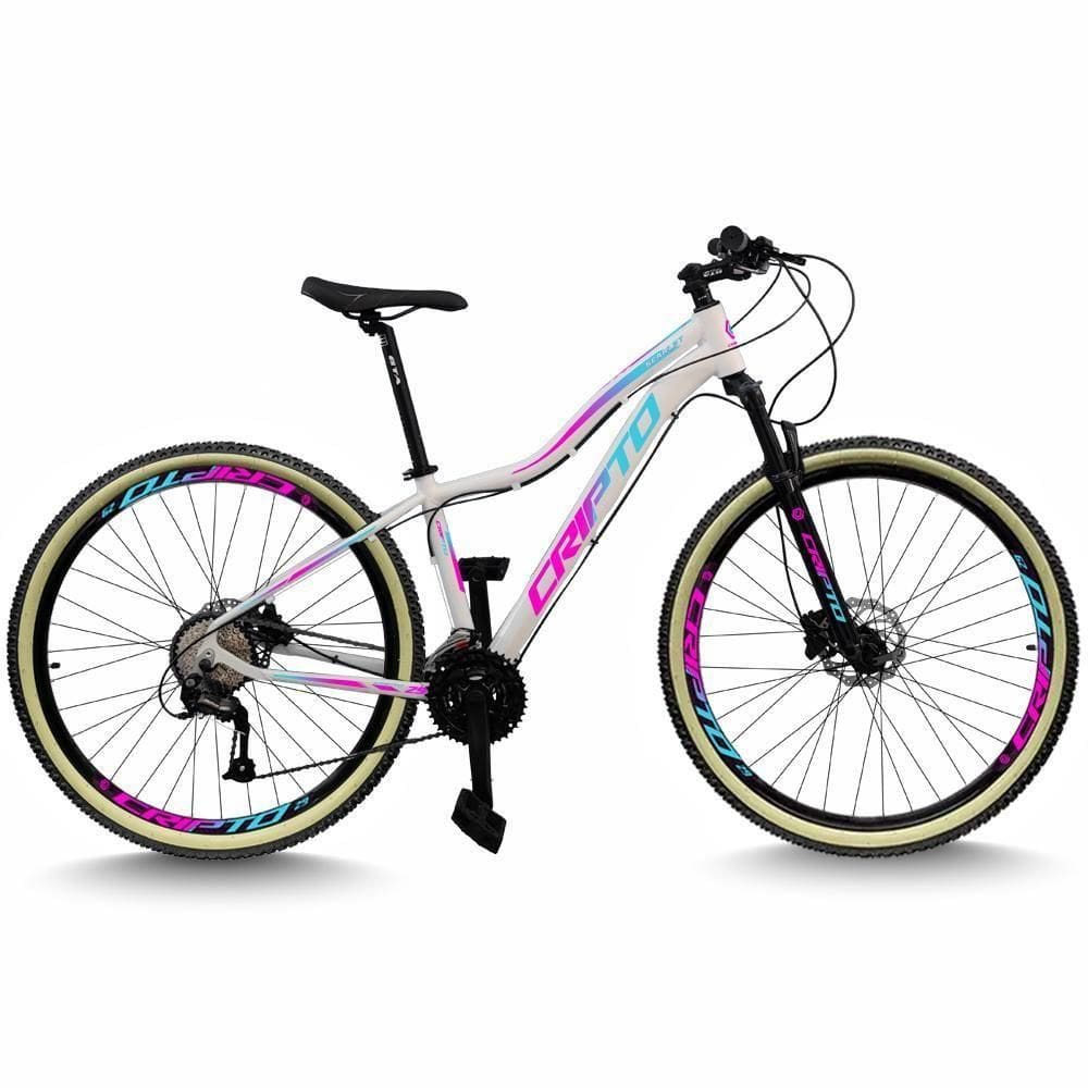 Bicicleta Aro 29 Cripto 24 Marchas Freio Disco C/suspensão Pneu Bege - Branco/azul E Rosa - 17" Branco/azul E Rosa