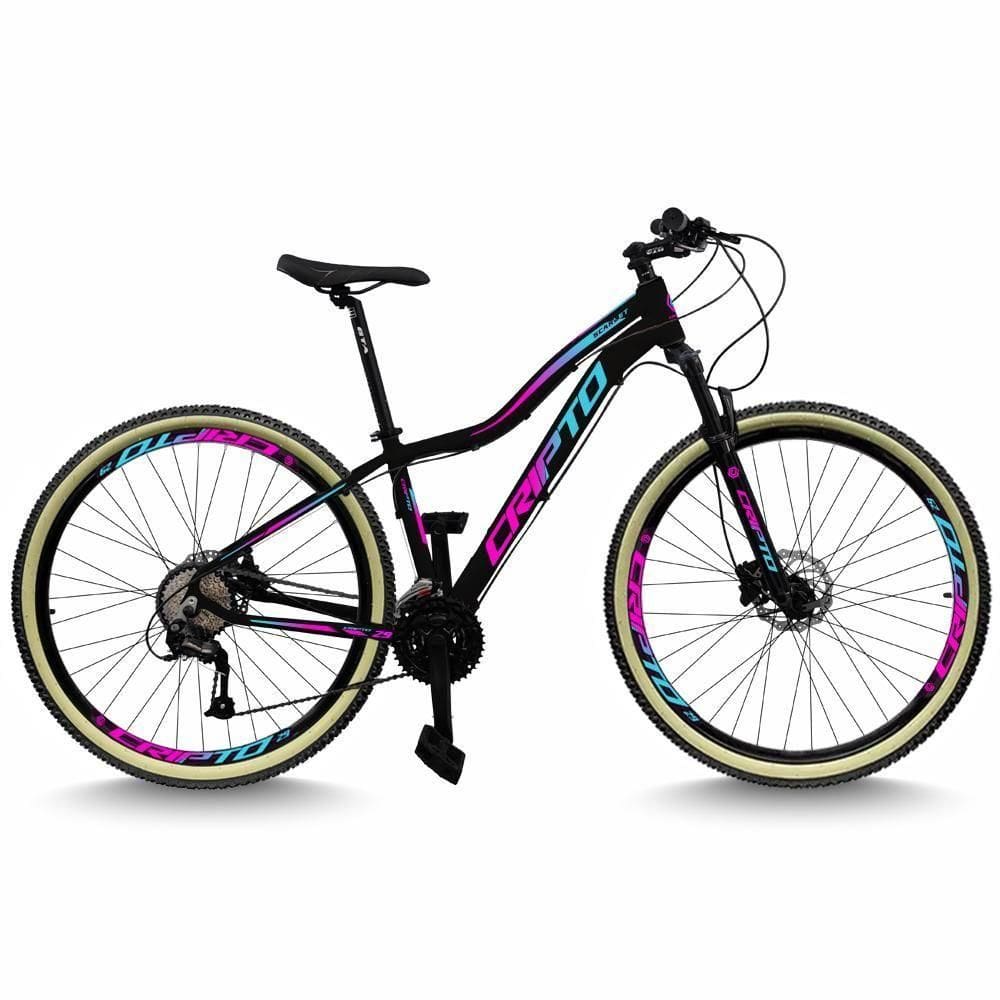 Bicicleta Aro 29 Cripto 24 Marchas Freio Disco C/suspensão Pneu Bege - Preto/azul E Rosa - 15" Preto/azul E Rosa