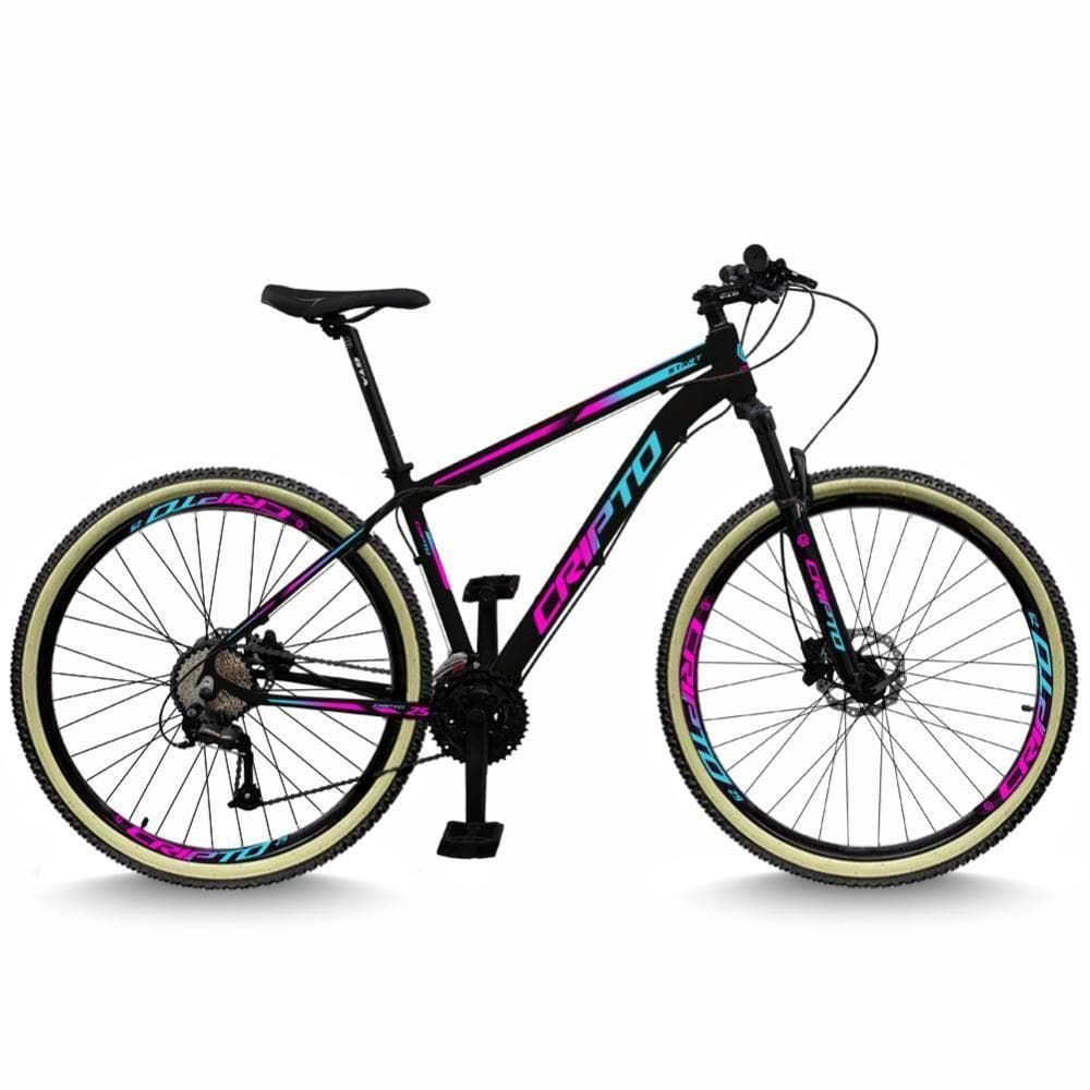 Bicicleta Aro 29 Cripto 24 Marchas Freios Disco E Suspensão Pneu Bege - Preto/azul E Rosa - 21" Preto/azul E Rosa