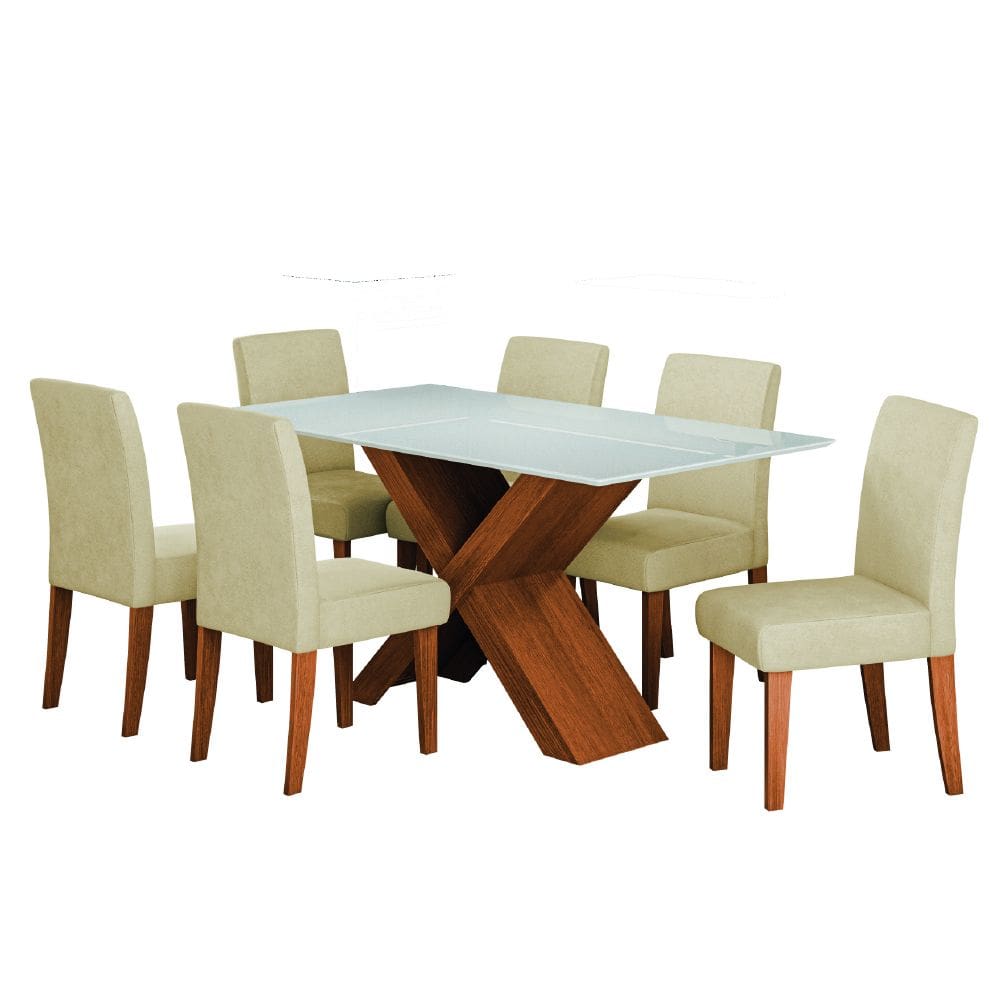 Conjunto de Mesa Sala de Jantar Tampo com Vidro 1,60m Grécia 6 Cadeiras Trieste Dobuê
