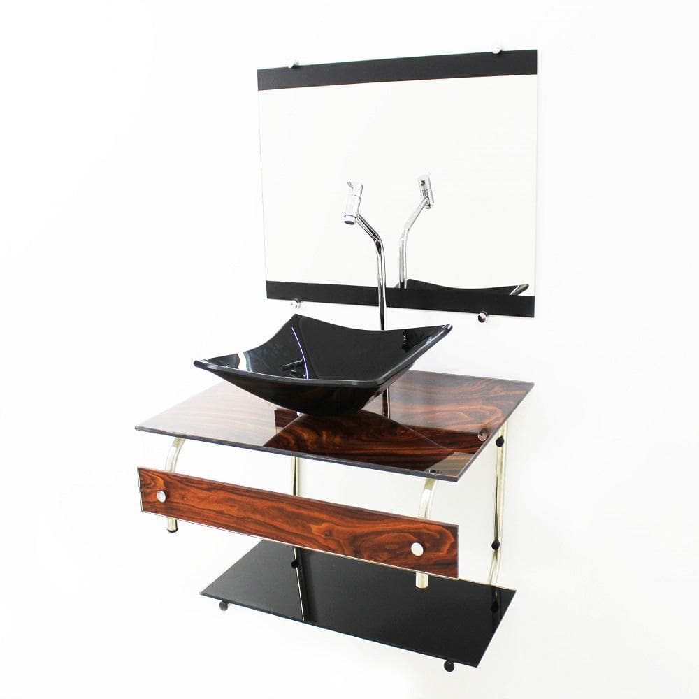 Gabinete De Vidro 60Cm Inox Cuba Quadrada -Madeira Nogueira
