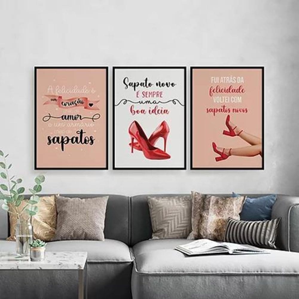 Kit 3 Quadros Frases Sapatos 33X24Cm - Com Vidro