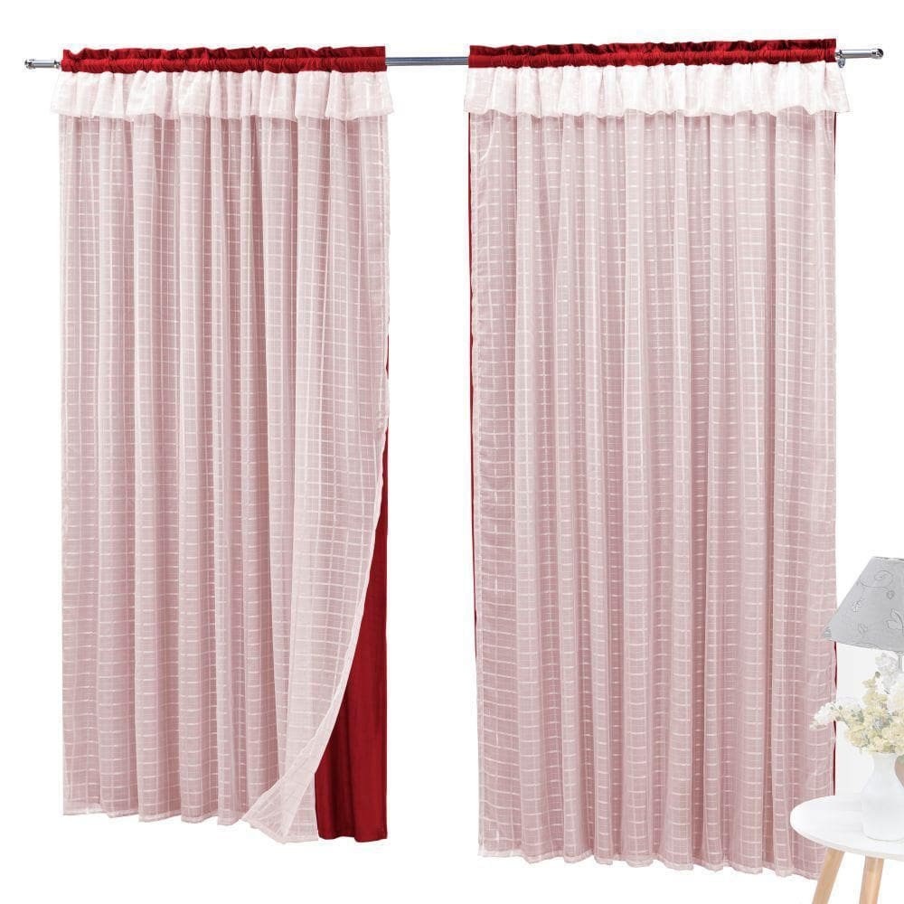 Cortina Semiblackout E Voal 3,00 X 2,60 Para Varão Vermelha