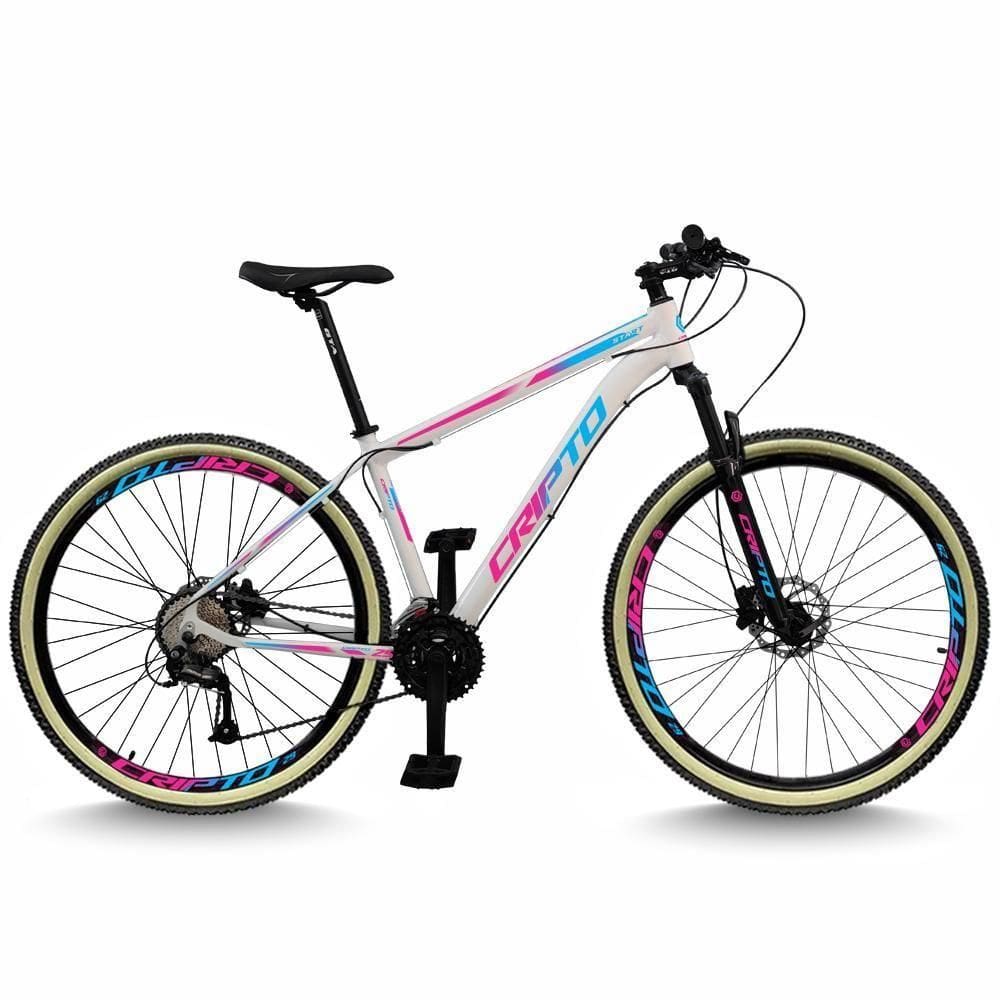 Bicicleta Aro 29 Cripto 24 Marchas Freio Disco E Suspensão Pneu Bege - Branco/azul E Rosa - 15" Branco/azul E Rosa