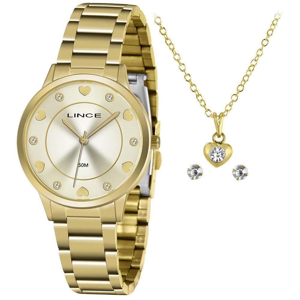 Relógio Lince Feminino Dourado + Brincos e Colar