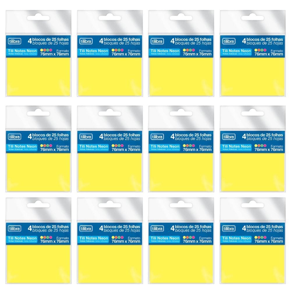 Kit 12 Bloco Adesivo Tili Notes 76x76mm 100 Folhas 4 Cores Neon - Tilibra | Papelaria | Anotação | Recados | Escolar |