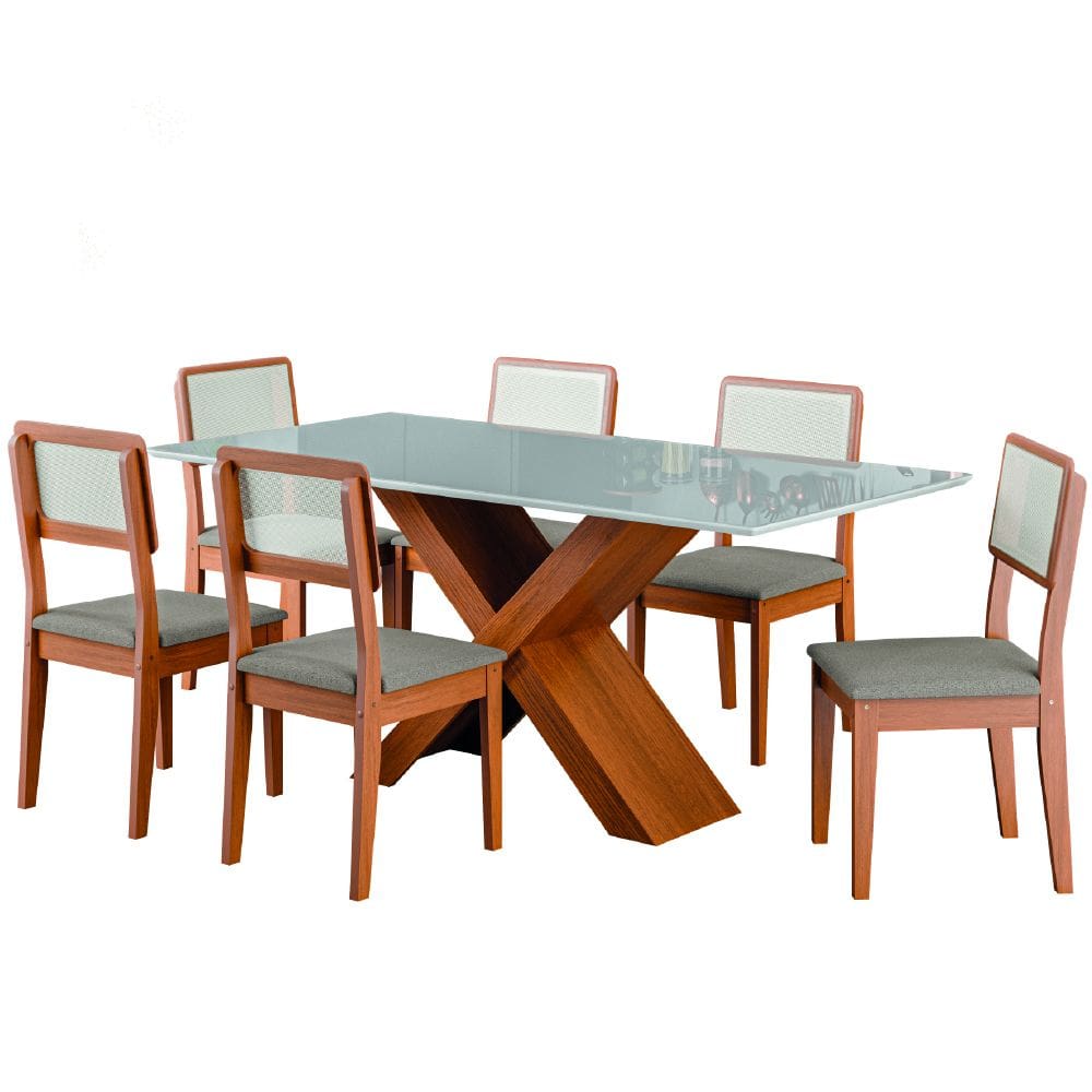 Conjunto de Mesa Sala de Jantar Tampo com Vidro 1,80m Grécia 6 Cadeiras Santiago Dobuê