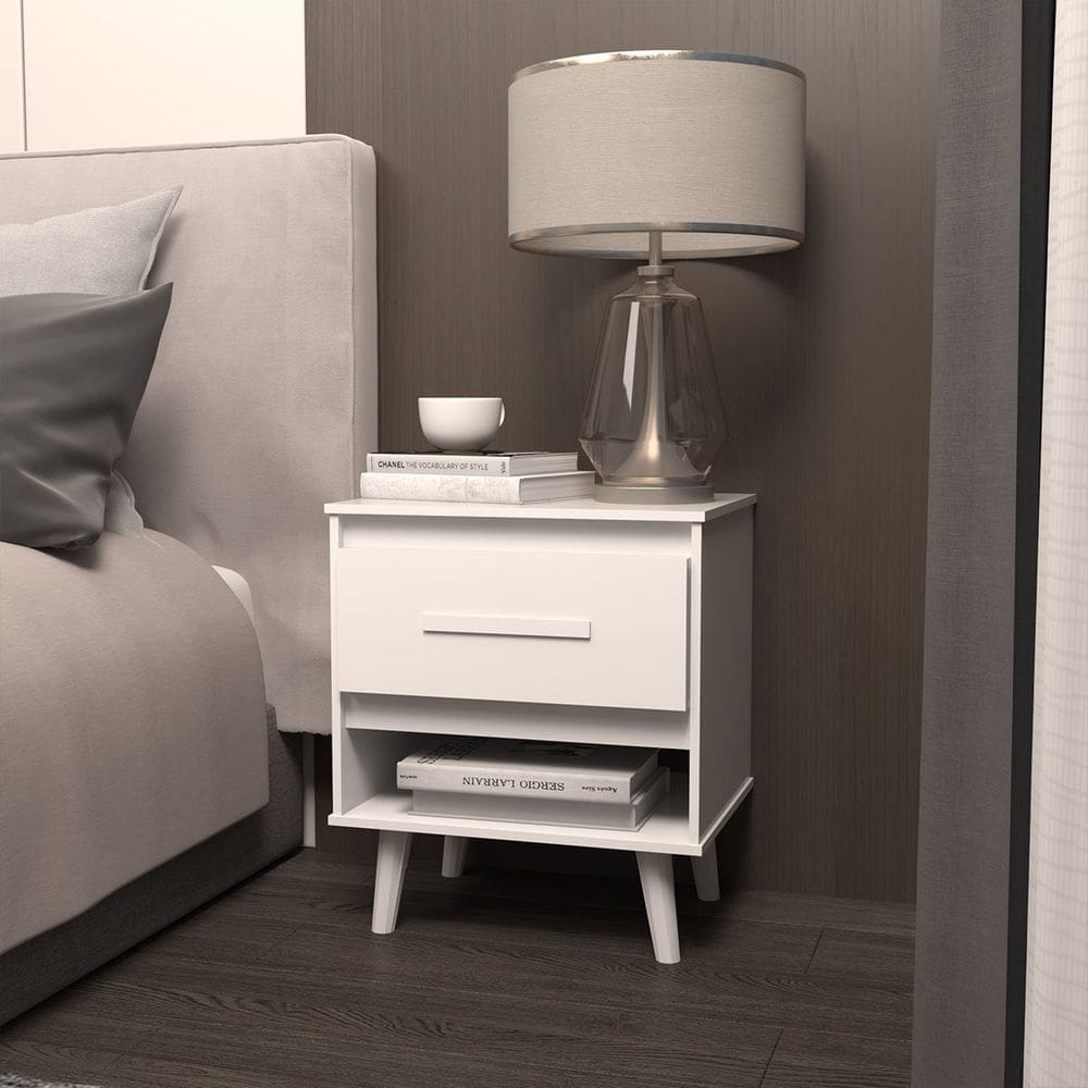 Mesa de Cabeceira 1 Gaveta com Nicho e Pés Retro Estilo Moderno para Quarto Branco Mobília Decor