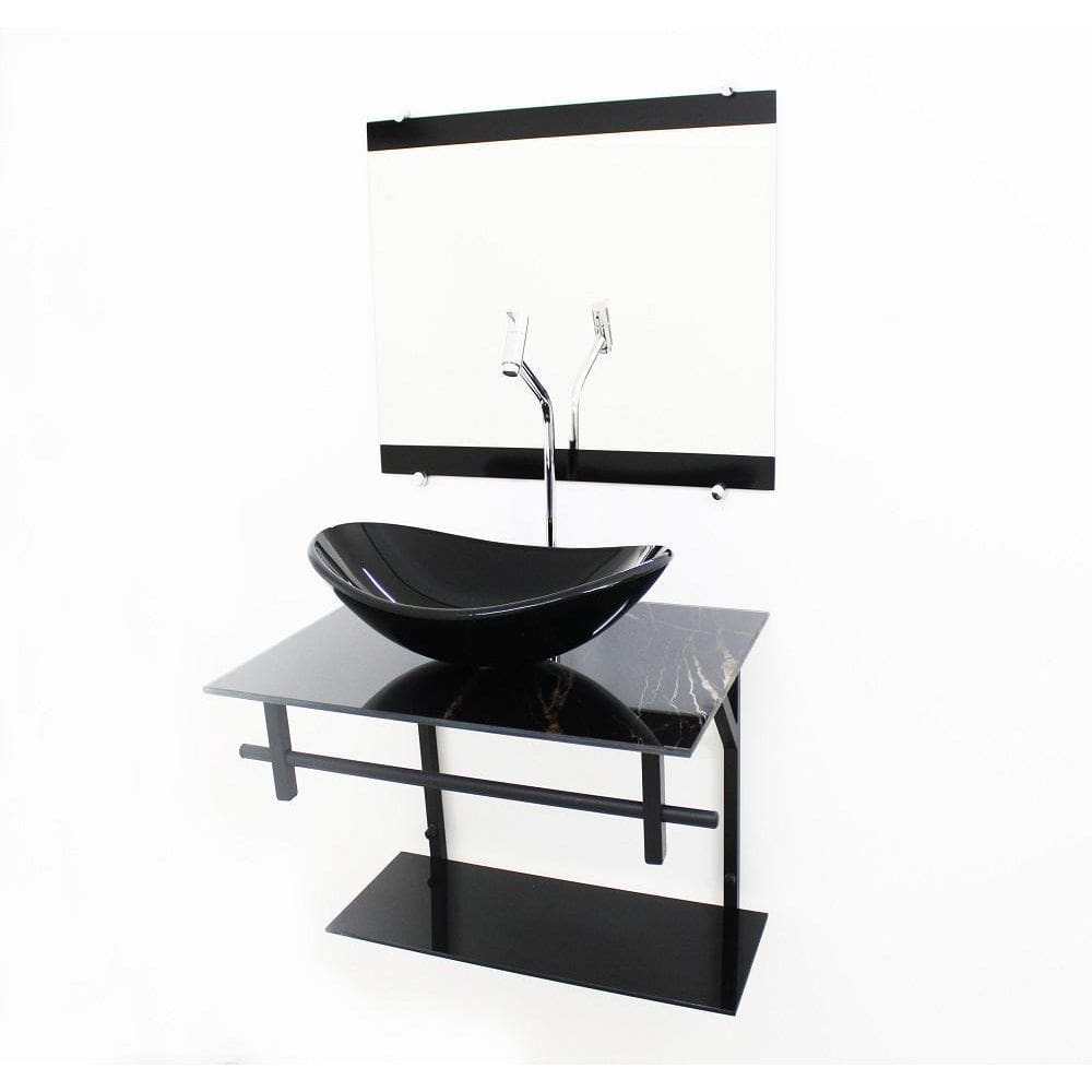 Kit Gabinete 60Cm Cuba Oval Mármore Preto + Torneira