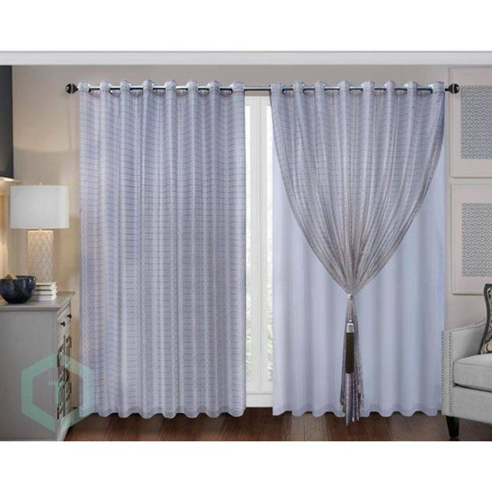 Cortina Sala Voal Xadrez Cinza Com Forro Branco 4,00X2,80