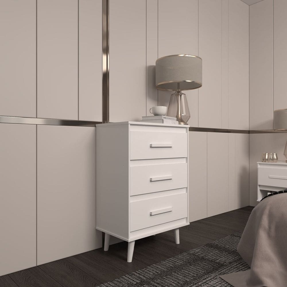 Cômoda Maya 3 Gavetas com Puxadores e Pés Retro Design Moderno Quarto Branco Mobília Decor