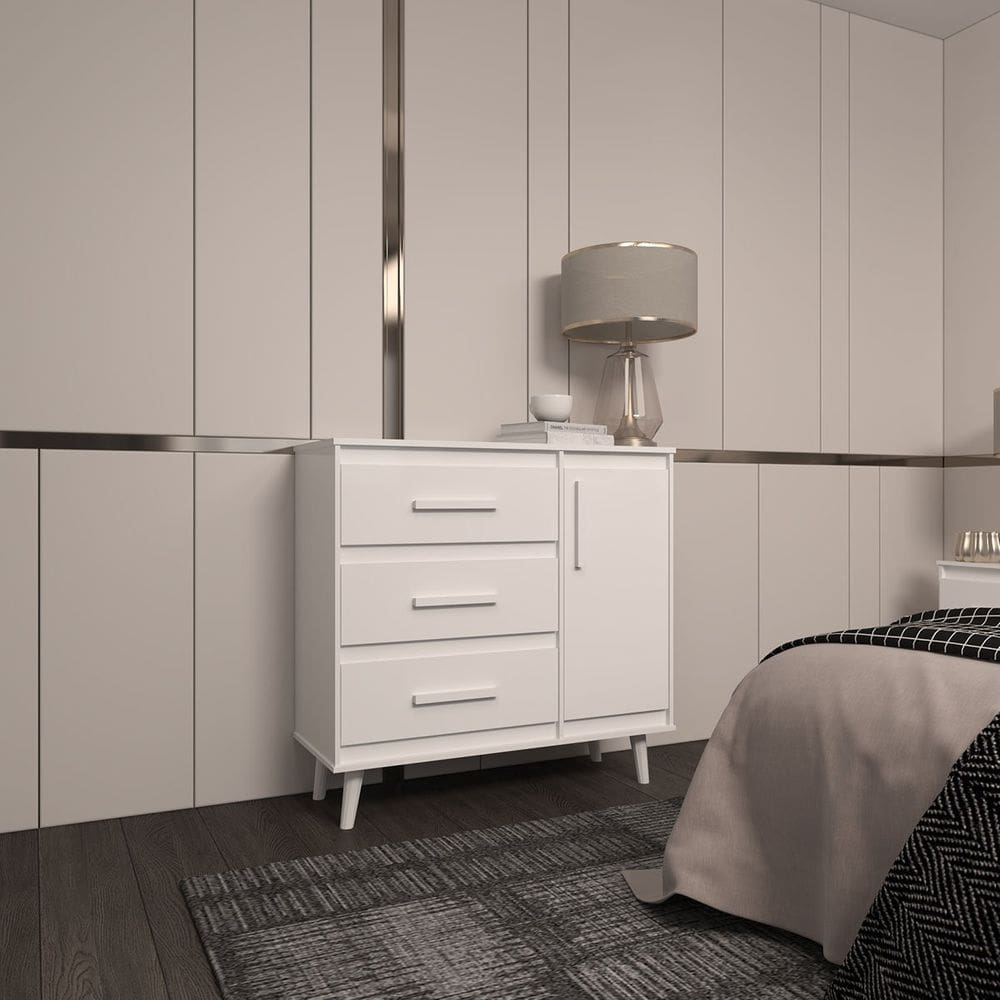 Cômoda Sapateira 3 Gavetas Maya com Puxadores e Pés Retro Design Moderno Quarto Branco Mobília Decor