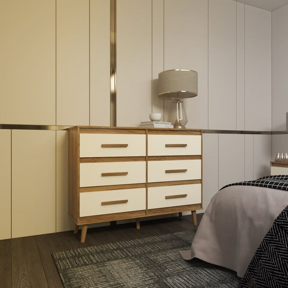Cômoda 6 Gavetas Maya com Puxadores e Pés Retro Design Moderno Quarto Savana Mobília Decor