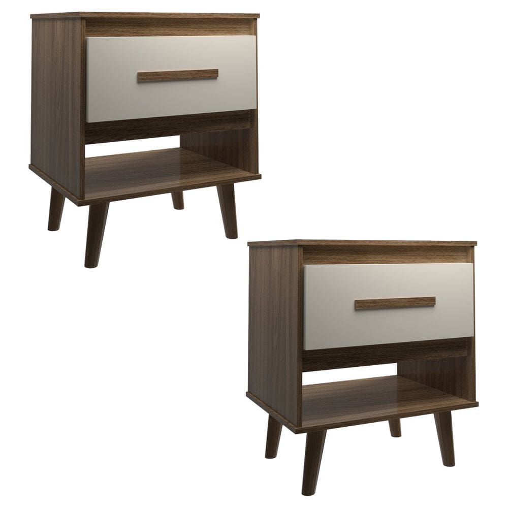 Kit 2 Mesas de Cabeceira 1 Gaveta com Nicho e Pés Retro Estilo Moderno para Quarto Savana Mobília Decor