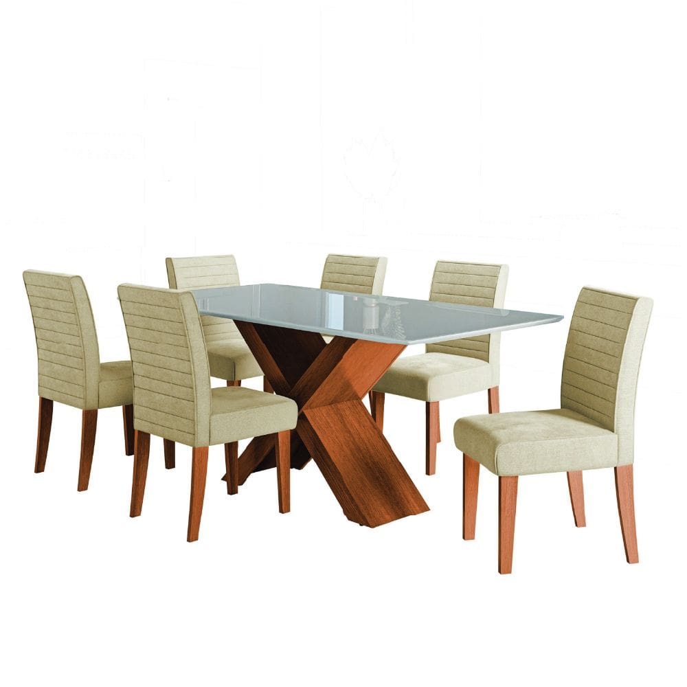 Conjunto de Mesa Sala de Jantar Tampo com Vidro 1,80m Grécia 6 Cadeiras Creta Dobuê
