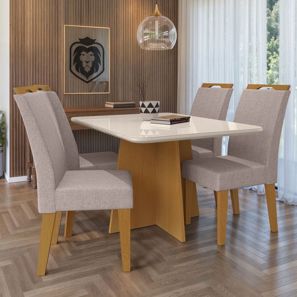 Mesa de Jantar 4 Lugares Evora com Vidro Natural/Bege - Art Panta