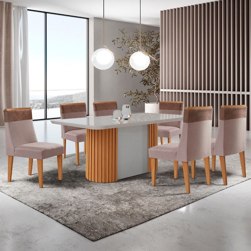 Mesa de Jantar Aspen 180cm Tampo MDF Vidro com 6 Cadeiras Andes Moderna Mobília