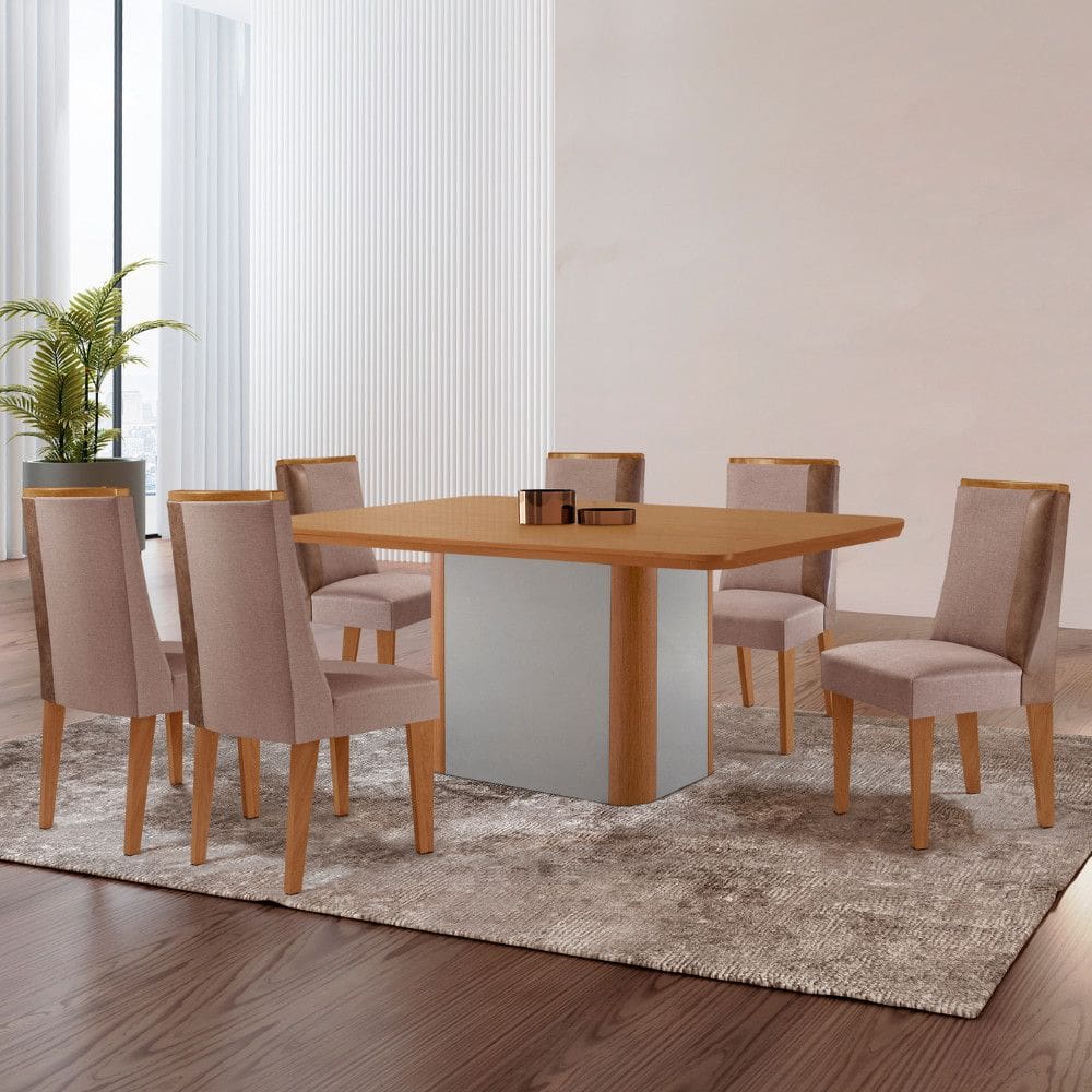 Mesa de Jantar Isadora 180cm Tampo Canto Copo MDF Laminado com 6 Cadeiras Diane