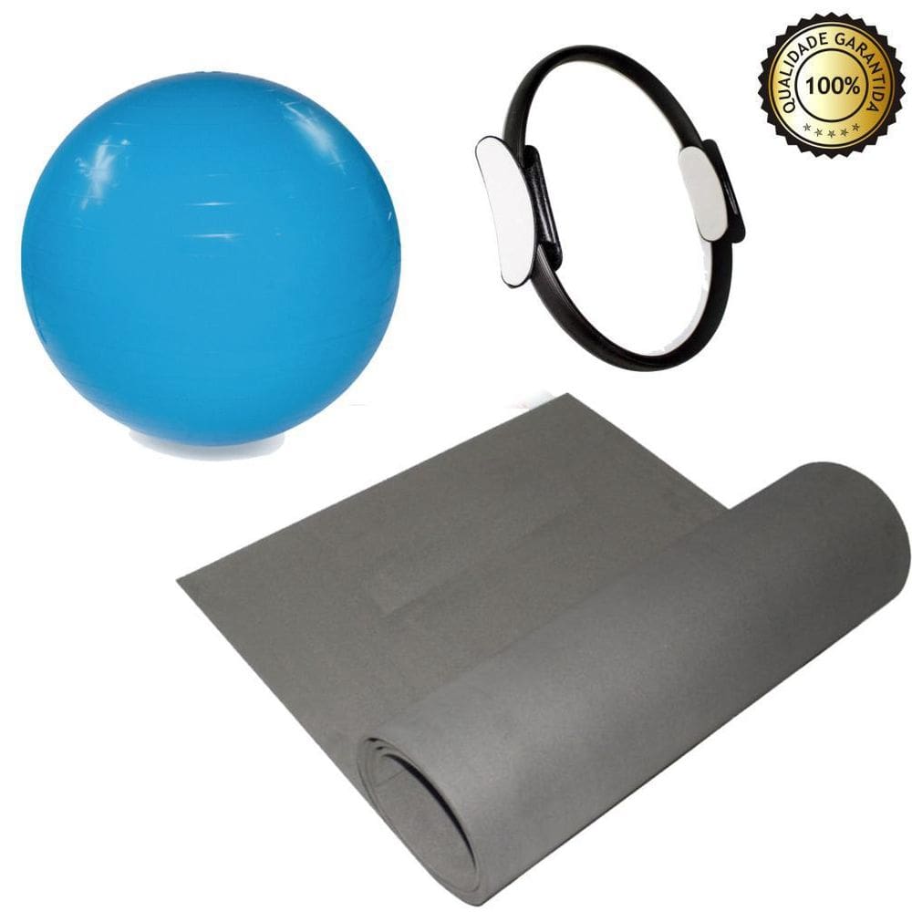 Kit Yoga Pilates Anel + Tapete 1,80 Preto + Bola Suíça 55 Cm