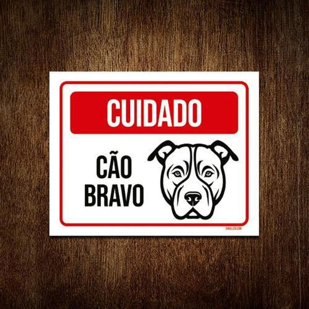 Placa Sinalização - Cuidado Cão Bravo Preto Branco 27X35