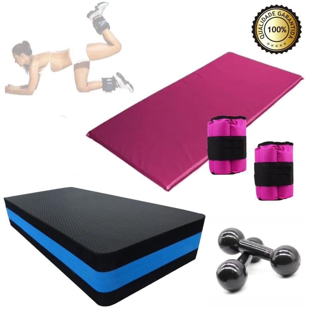 Kit Aeróbico Caneleira Rosa +Step+Halter 2Kg+Colchonete Rosa