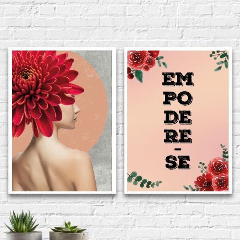 Kit 2 Quadros Feministas Mulher Flores 33X24Cm Vidro Branca