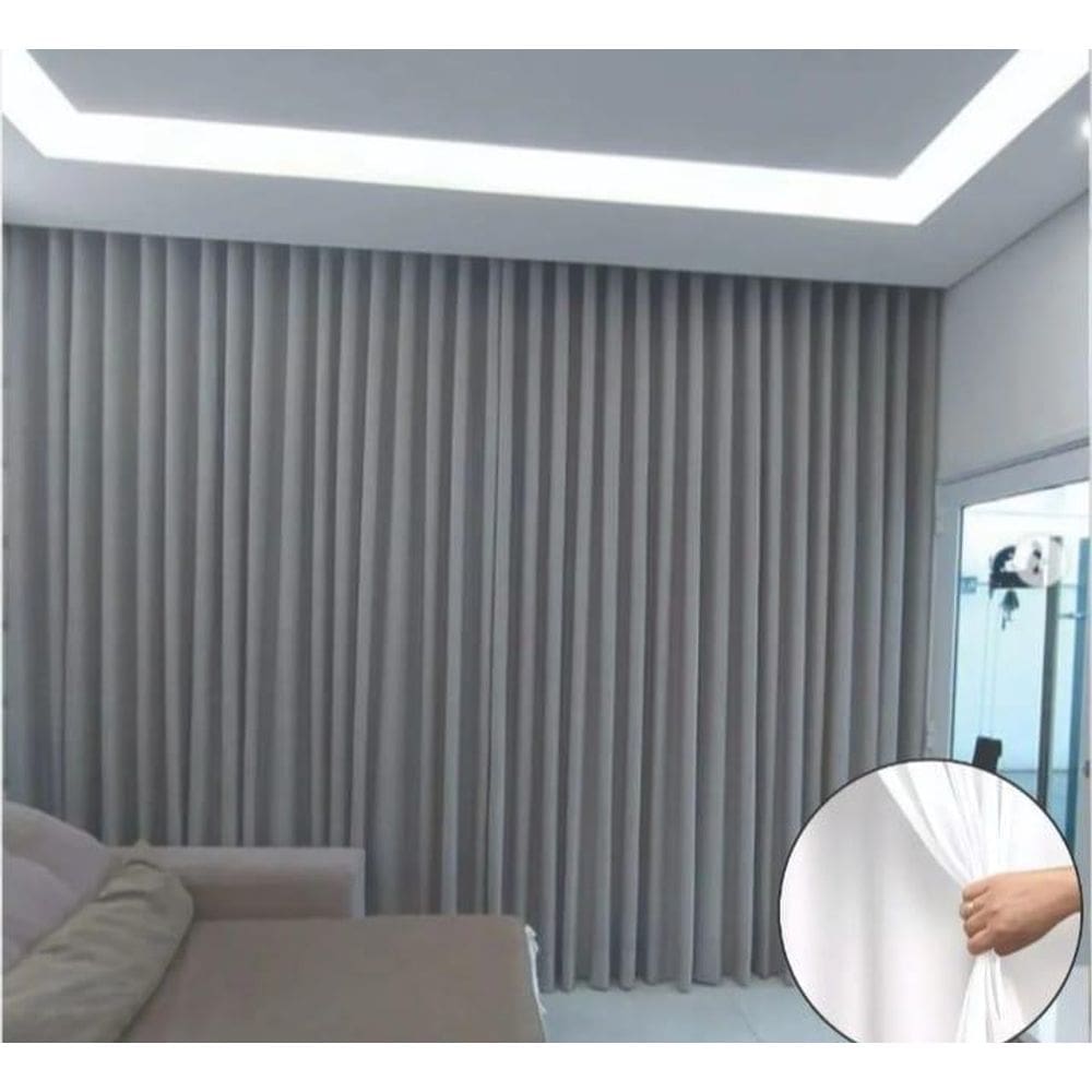 Cortina Trilho Suiço Forro Com Voil Cinza 6.00 X 2.80