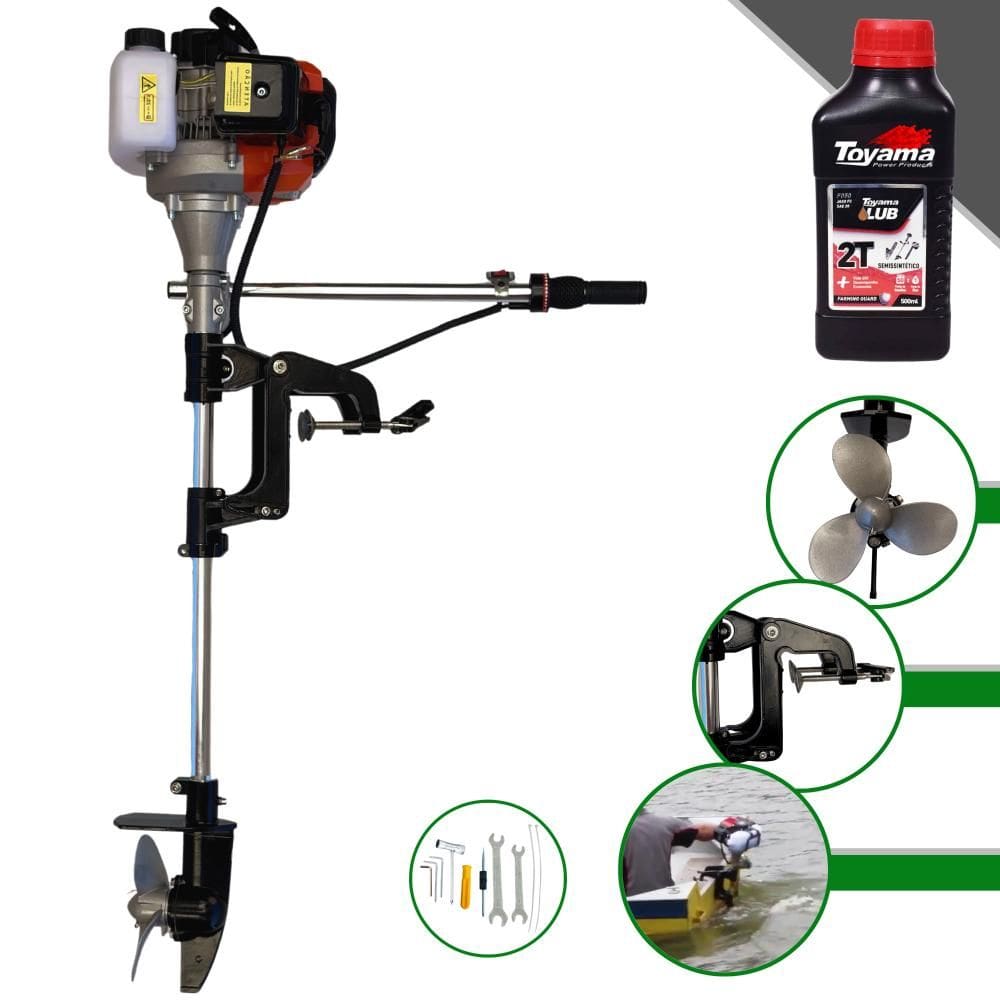 Motor de Popa Completa À Gasolina 2T Import Way IWMPG2T52 52cc 2,5HP 7.500rpm Com Rabeta e Hélice 16cm Para Barcos de Pequeno Porte + ÓLEO TOYAMA