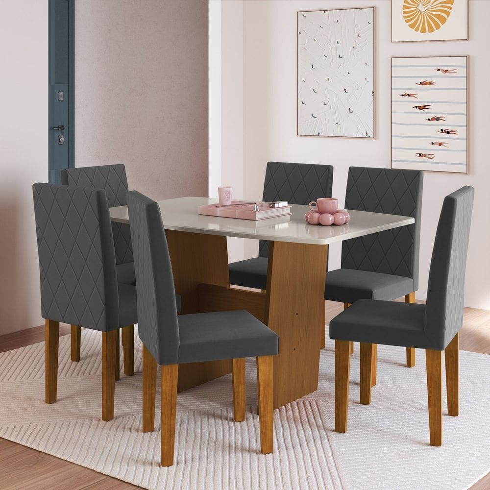 Conjunto de Mesa com 6 Cadeiras Atenas Freijó / Off White/ Cinza
