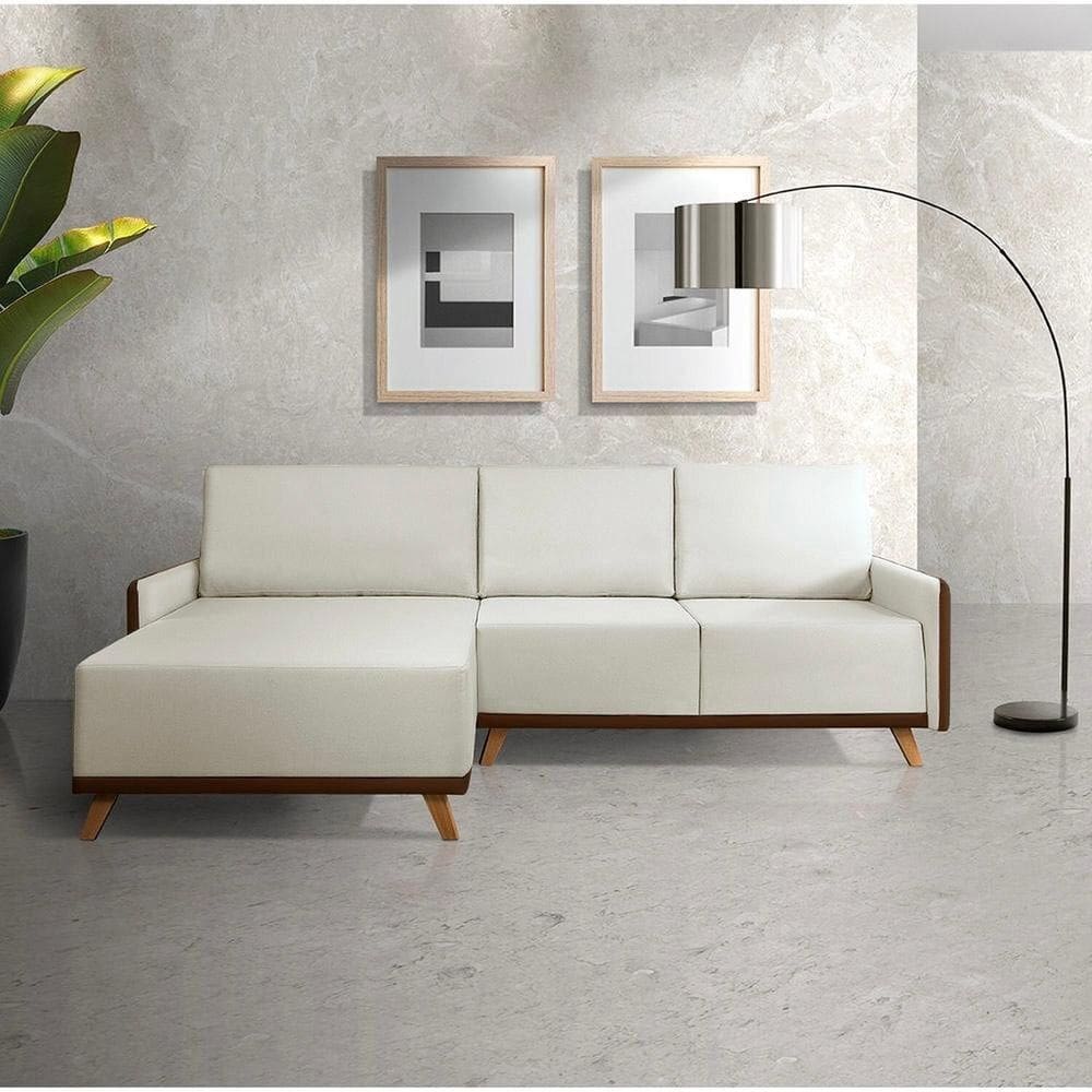 Sofá 4 Lugares com Chaise Lado Esquerdo 258cm Sintético Geribá Bege / Marrom