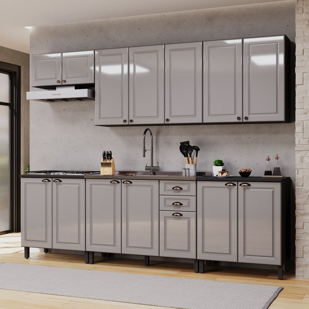Cozinha Completa 6 Peças sem Tampo 14 Portas 2 Gavetas Paris Cinza/Titânio