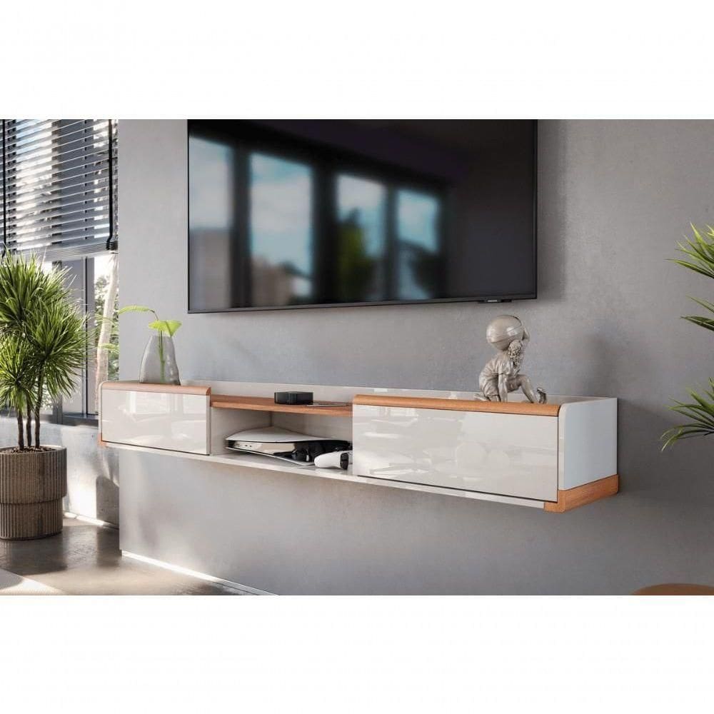 Bancada Suspensa Atlas 1.8 Suporte P/ Decoração E Eletrônicos Off White Perolizado/jequitiba