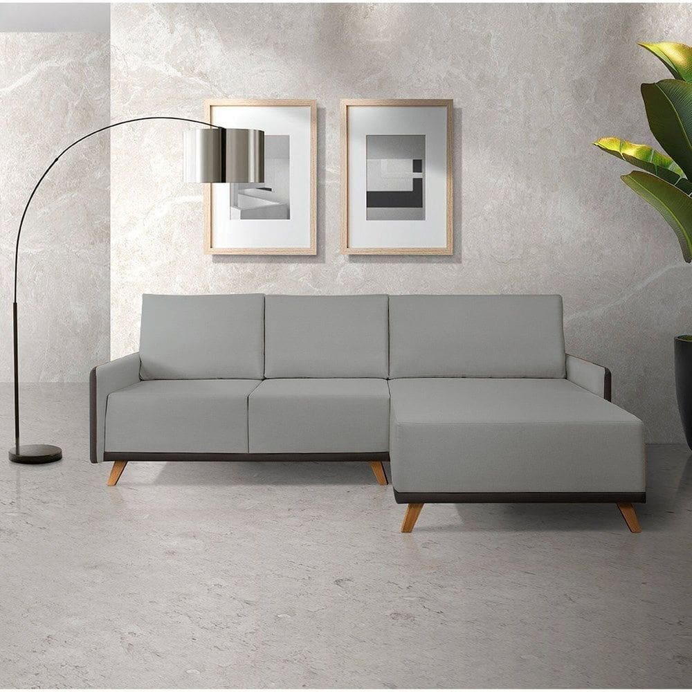 Sofá 4 Lugares com Chaise Lado Direito 258cm Sintético Geribá Cinza / Preto