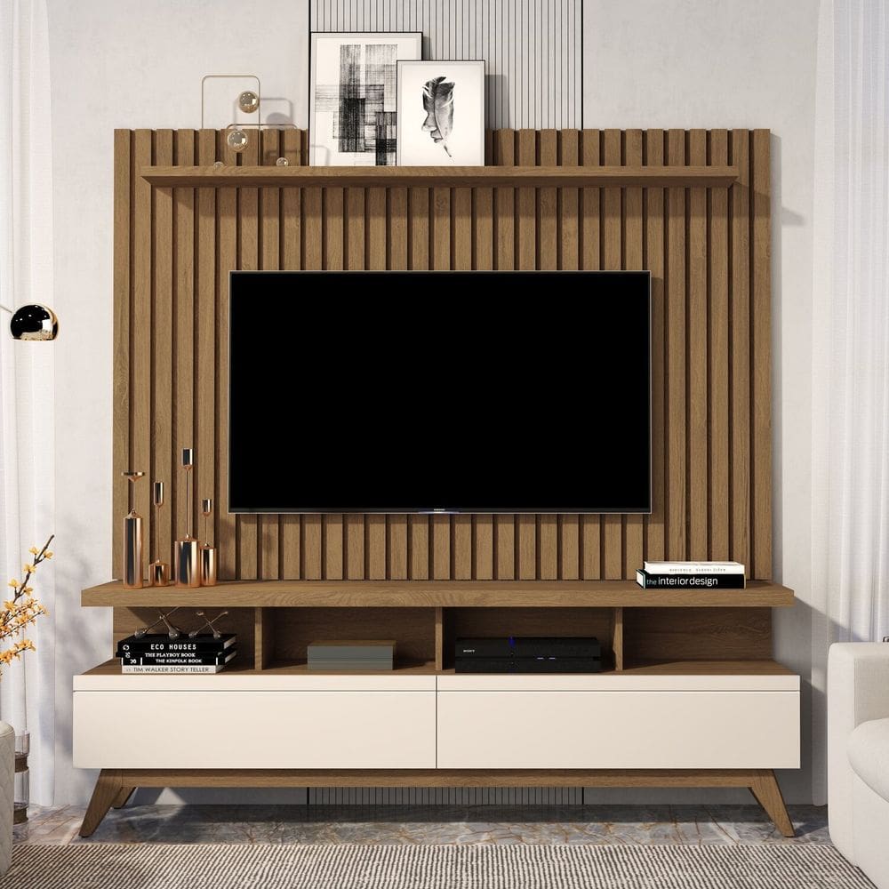 Rack com Painel para Tv 60 Polegadas Pés em Madeira Maciça Ripado Real Vivare Wood 1.6 Off White / Freijó