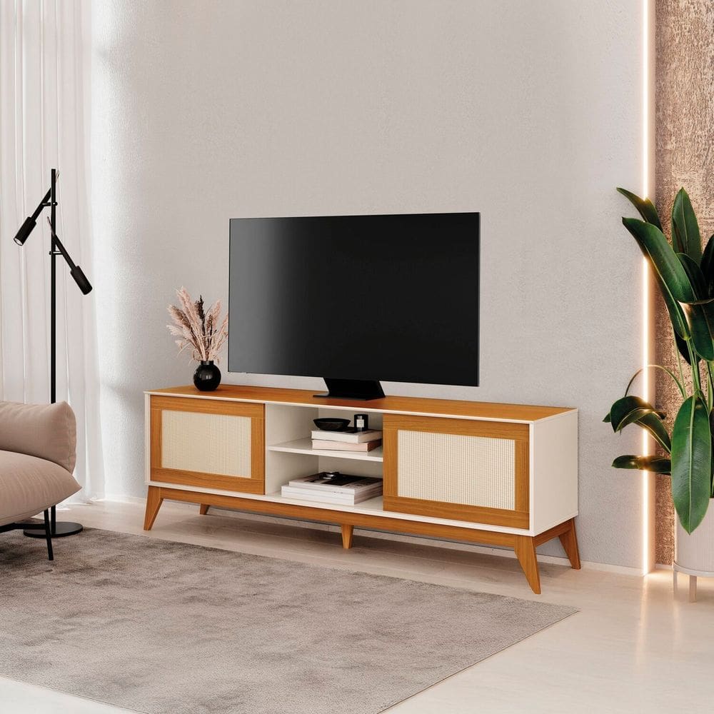 Rack para Tv 75 Polegadas com Portas em Tela Rattan Andros Off White