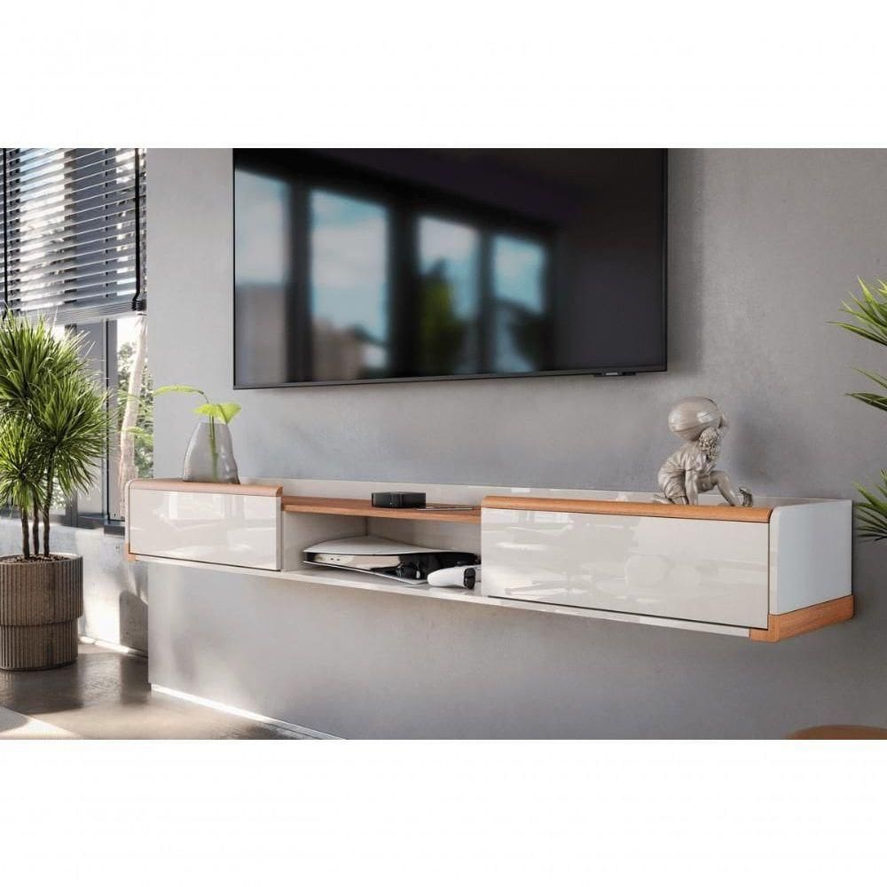 Bancada Suspensa Atlas 2.2 Suporte P/ Decoração E Eletrônicos Off White Perolizado/jequitiba 2 Gavetas