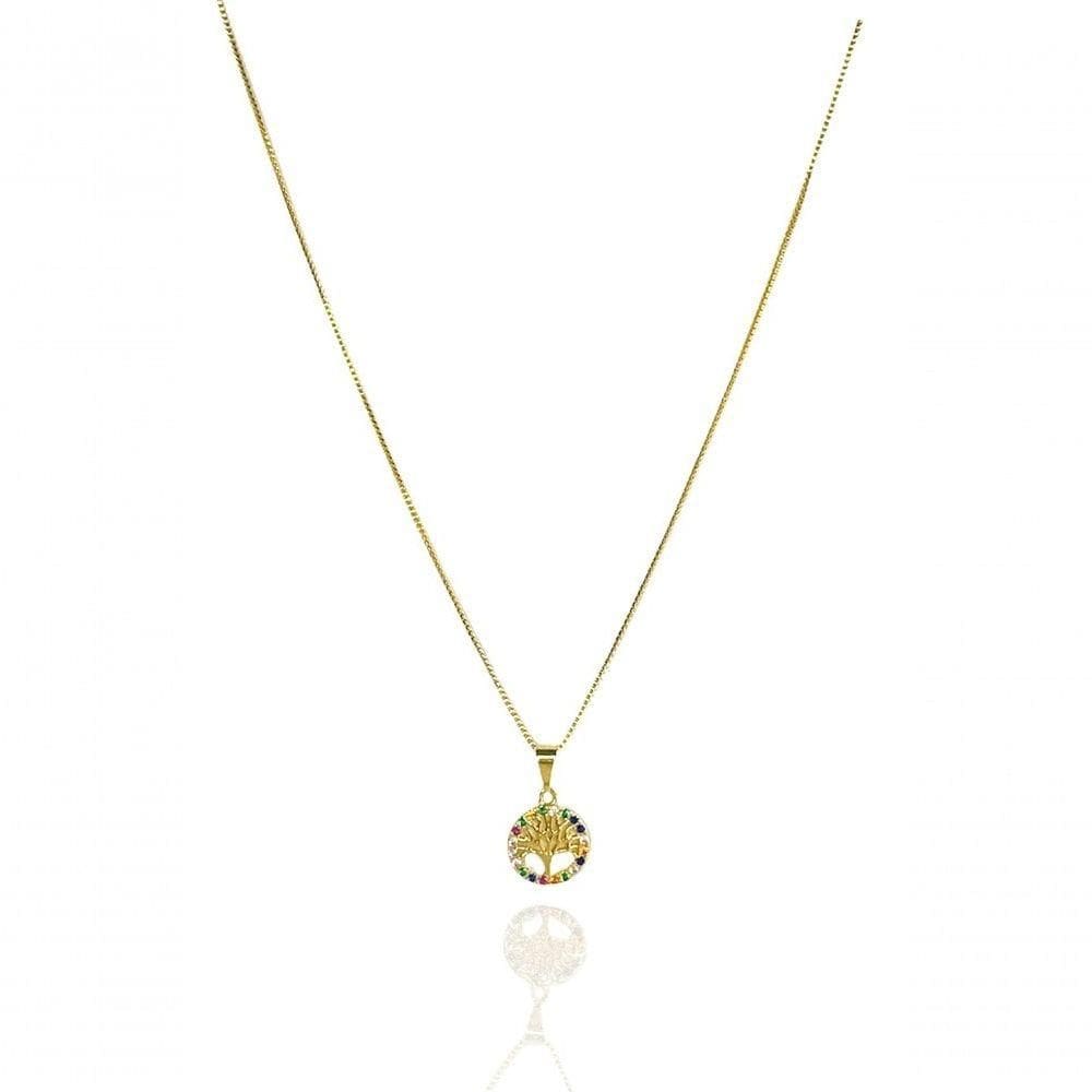 Colar Com Pingente De Circulo Da árvore Da Vida Com Zircônia Colorida Banhado Em Ouro 18k