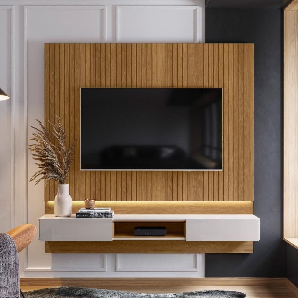 Painel Paris P/ Tvs Até 70 C/ Bancada 2 Gavetas Suporte P/ Decoração - Freijo Ripado/off White Perolizado