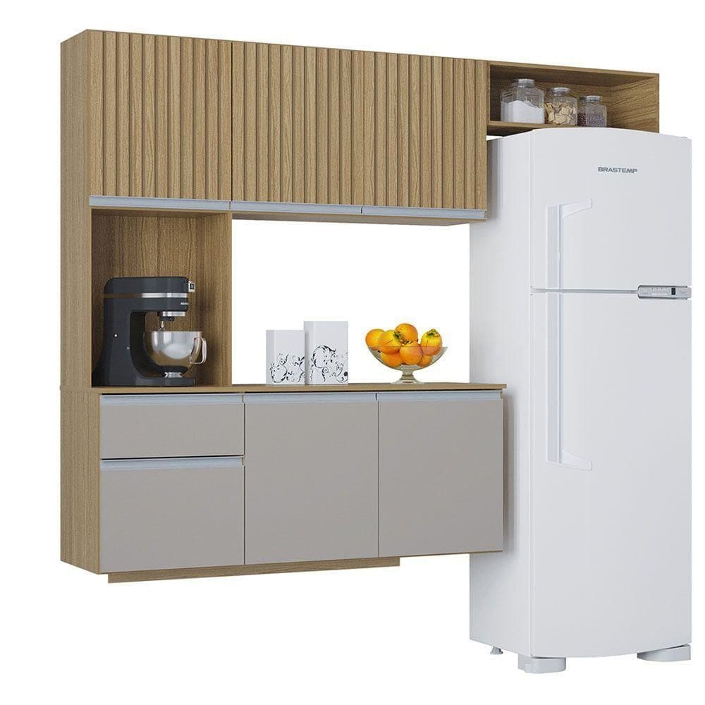 Kit Cozinha Suspensa Mel Com Balcão 180cm Poquema Móveis Damasco / Ripado / Offwhite