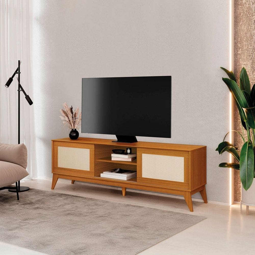 Rack para Tv 75 Polegadas com Portas em Tela Rattan Andros Cedro