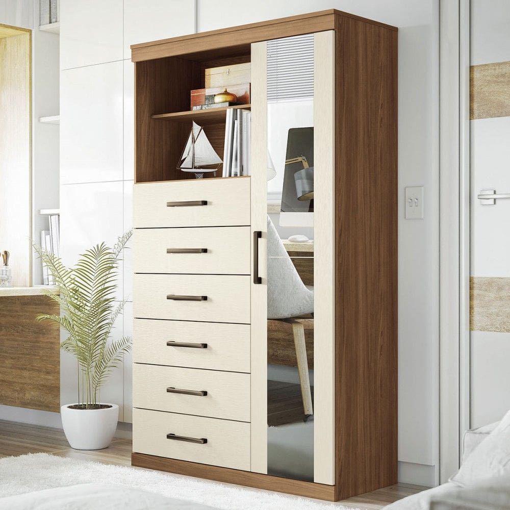 Cômoda Marabá 1 Porta 6 Gavetas com Espelho Jatoba/Areia 309643 - Santos Andirá