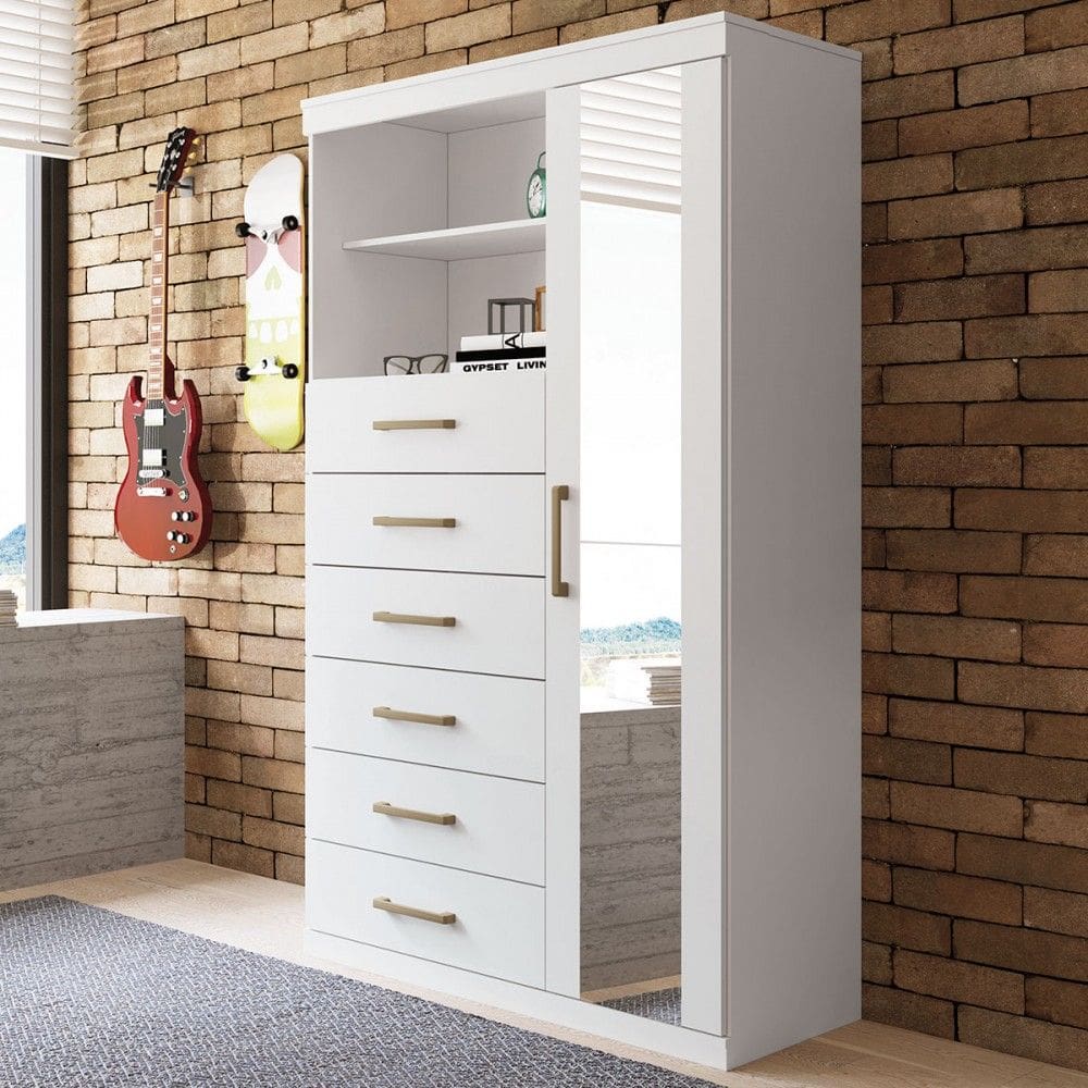 Cômoda Marabá 1 Porta 6 Gavetas com Espelho Branco 309643 - Santos Andirá