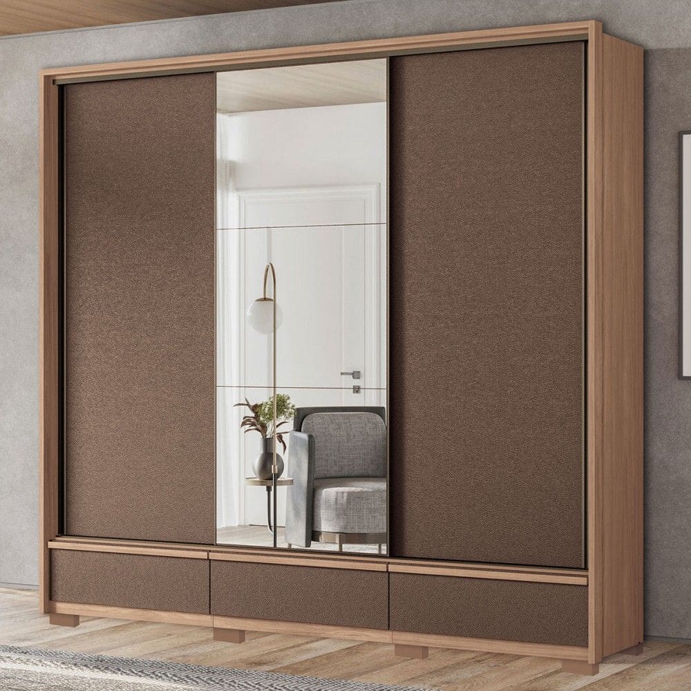 Guarda-Roupa Casal Milan 3 Portas 5 Gavetas com Espelho Wood/Terracota - Santos Andirá
