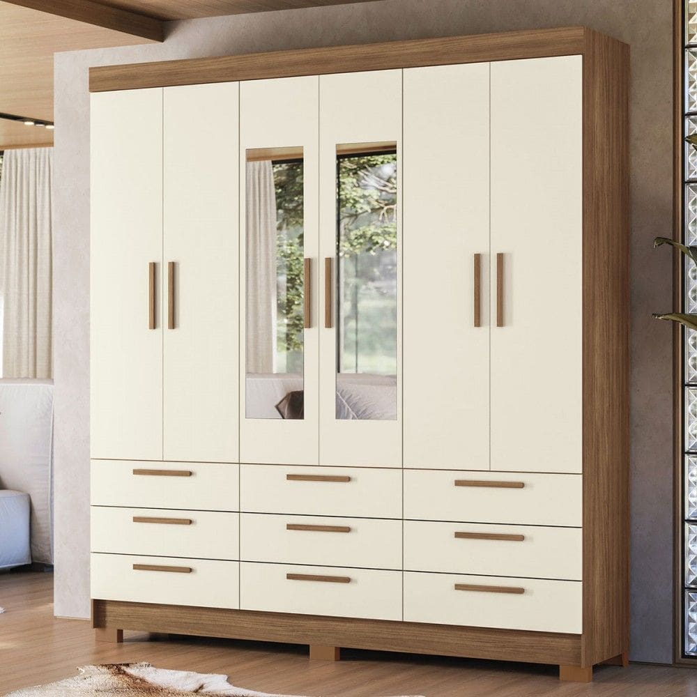 Guarda-Roupa Casal Colombo 6 Portas 9 Gavetas com Espelho Jatoba/Areia - Santos Andirá