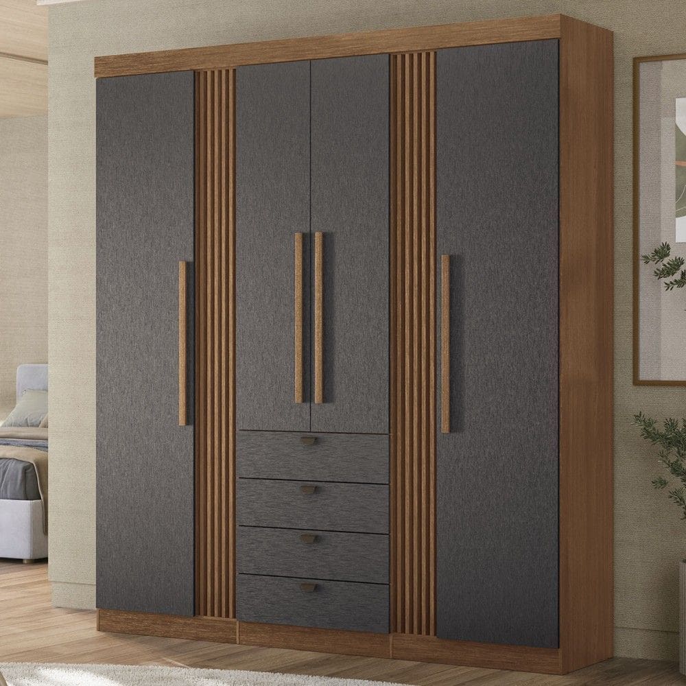 Guarda-Roupa Casal Aurora 4 Portas 4 Gavetas Ripado Jatoba/Grafite 16474 - Santos Andirá